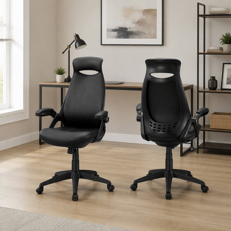 Chaise de bureau pivotante ergonomique à hauteur réglable, avec accoudoirs rembourrés et dossier haut, idéale pour les espaces de travail modernes.