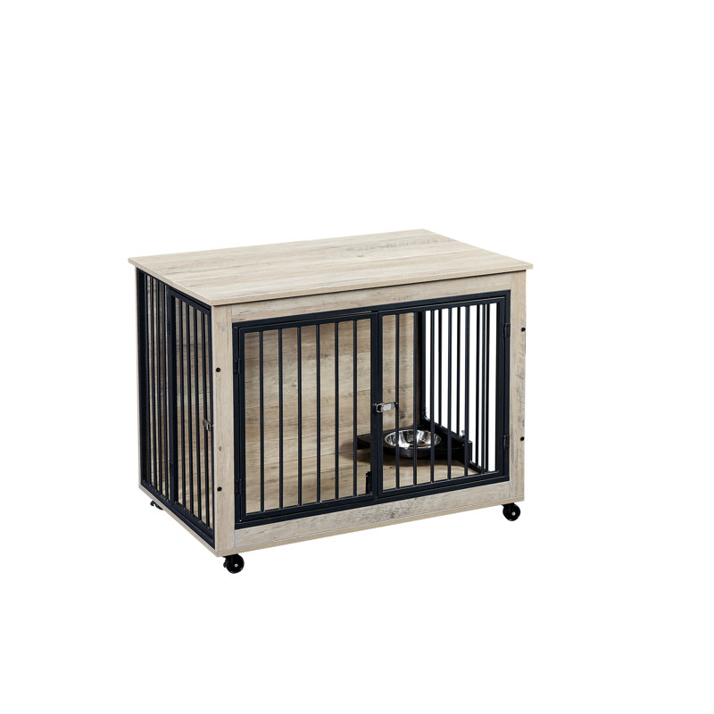Table d'appoint style cage pour chien avec bol d'alimentation rotatif, roulettes, trois portes, ouverture par le haut rabattable. Intérieur, gris, l 38,58 po x P 25,2 po x H 27,17 po