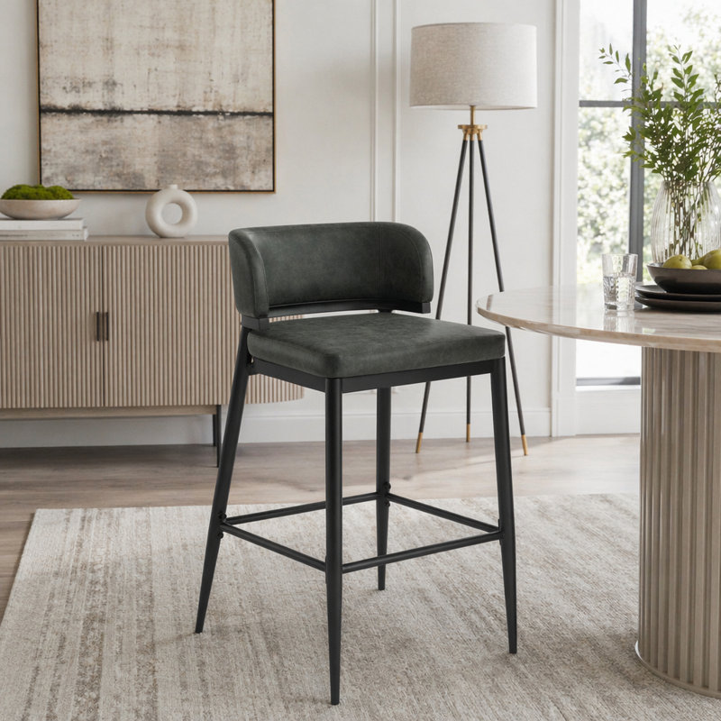 Ensemble de 2 tabourets de bar à structure en métal avec sièges en cuir, Vert foncé