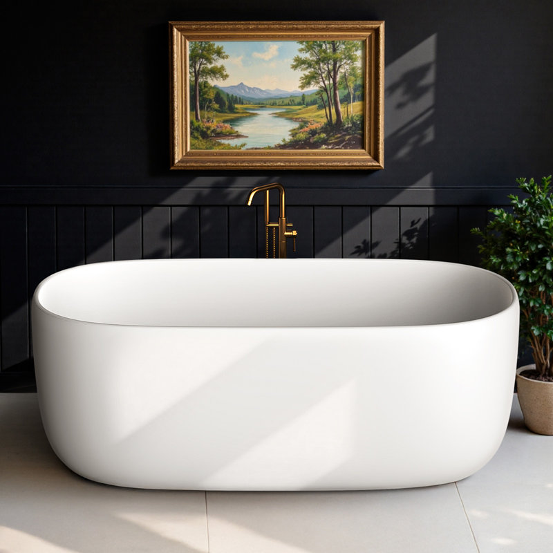 StoneLoom 51"×25.5" Compact Freestanding Solid Surface Stone Bathtub, 13" Deep Soaking Tub With Overflow, Pop-up Drain