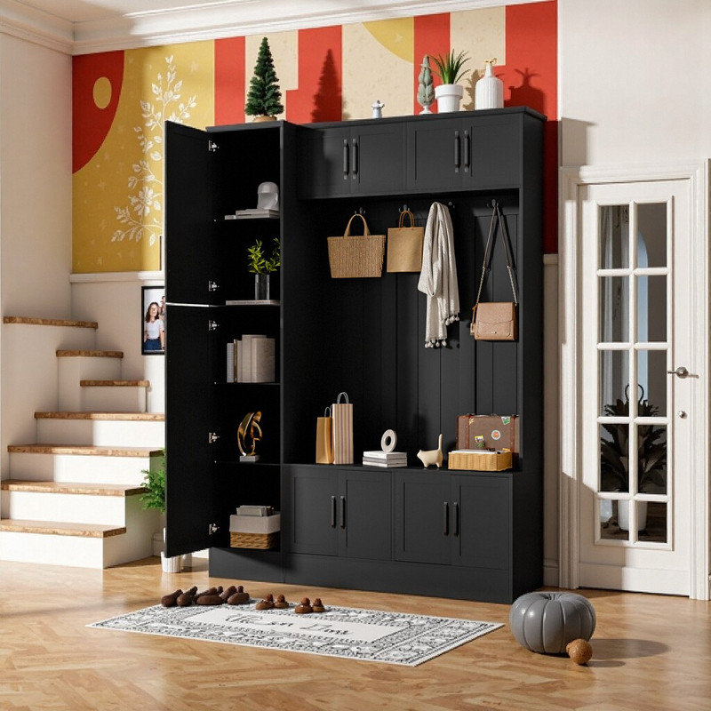 79'' Hall Tree with Entryway Bench, Shoe Storage, 6 Enclosed Cabinets, 4 Metal Hooks & Adjustable Shelf, Black