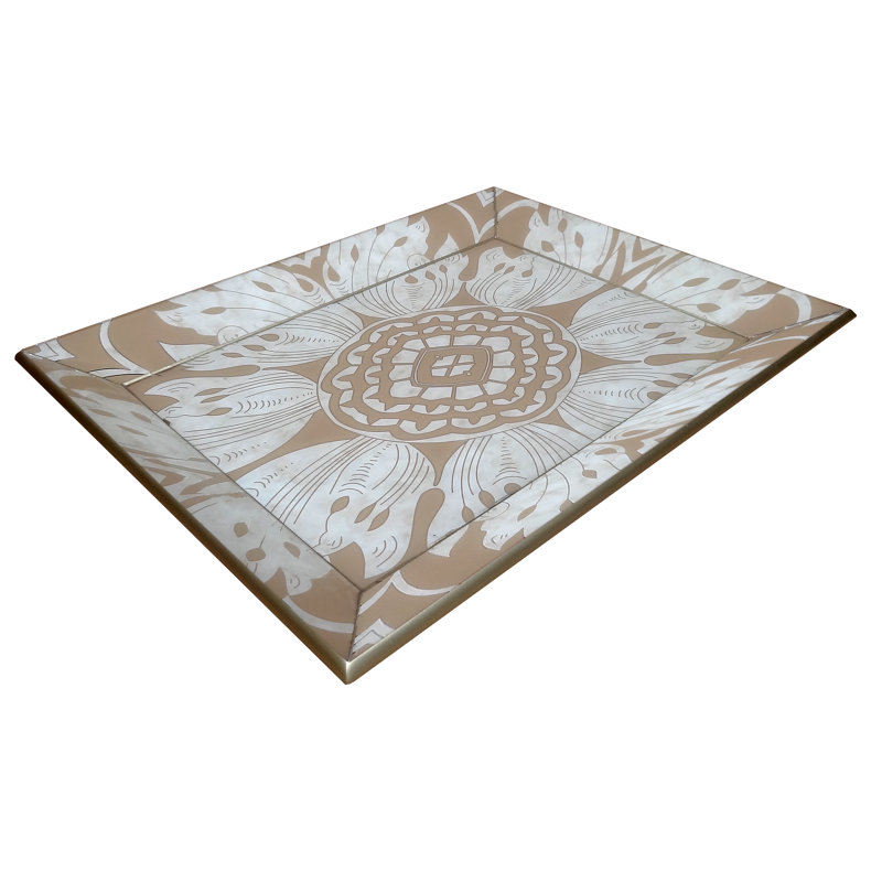 Handmade Beige and Silver Floral Mirror Tray