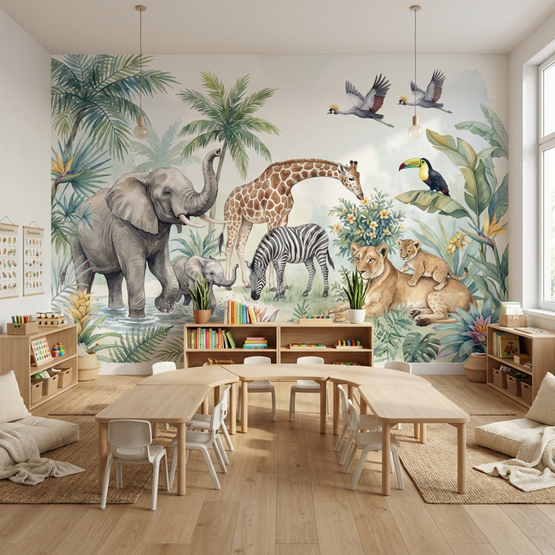 Papier peint nature jungle animaux tropicaux, 140 po x 108 po, Peler et coller