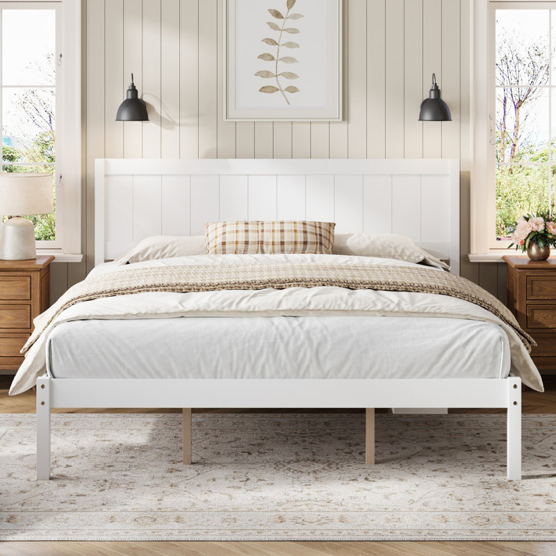 Structure de lit plateforme très grand avec tête de lit, support à lattes de bois, aucun sommier requis, blanc, Blanc