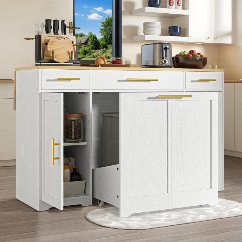 Drop Leaf Rolling Kitchen Island Cart With Pull Out Trash Can Storage Modular Kitchen Island, White