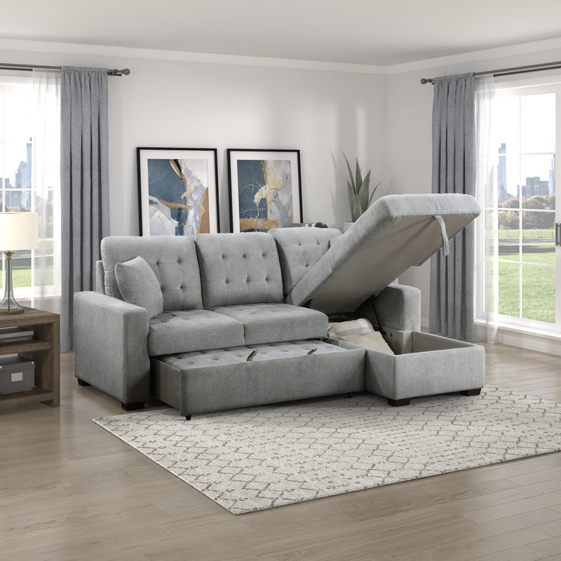 Canapé-lit modulaire 2 pièces avec rangement caché Eleen, Accoudoir à droite (vu de face), Tissu gris