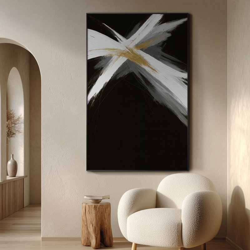 Très grande impression d'art abstrait coup de pinceau abstrait - coups blancs et dorés sur fond noir, décoration d'art moderne pour le salon ou la chambre à coucher, assemblage de cadre requis