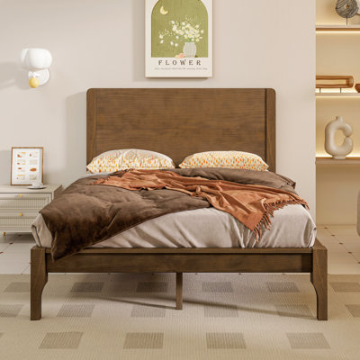 Queen Size Bed With Tall Headboard  Footboard, Pinewood Platform Bed With Strengthened Bed Frame,Walnut