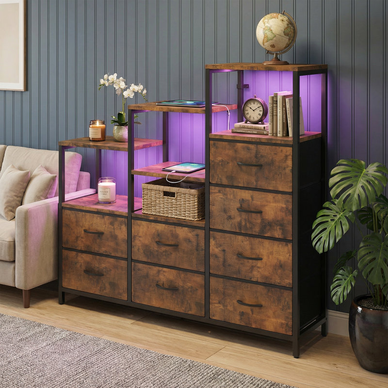  52'' W 9-Drawer Fabric Dresser with Wood Top, Storage Chest, Brown