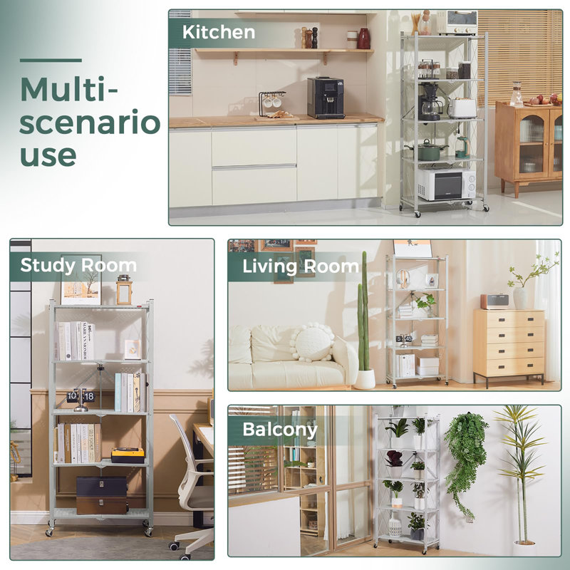 62cm W Metal Shelving Unit with Wheels, Grey