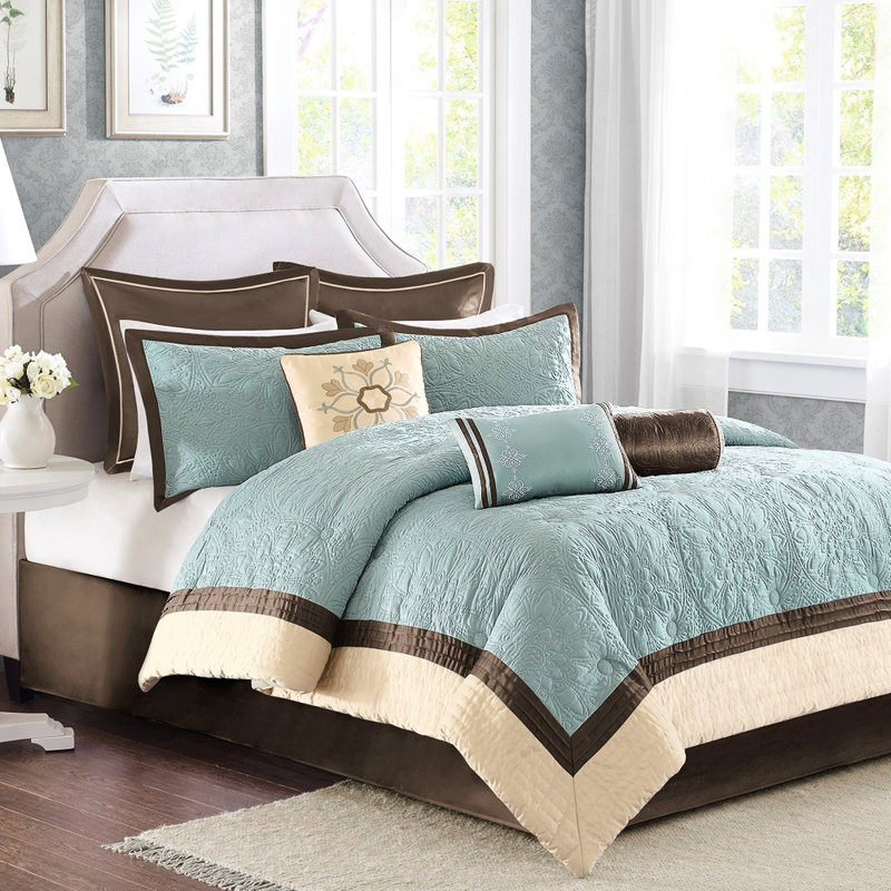 Édredon 9 pièces Charmeuse en bleu pour très grand lit, avec coussins décoratifs et très grand lit décoratif décoratif européen