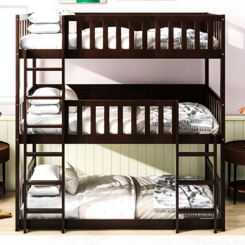 Lit simple superposé triple en bois d'hévéa, échelles, barrières de sécurité amovibles pour la taille de la chambre à coucher,