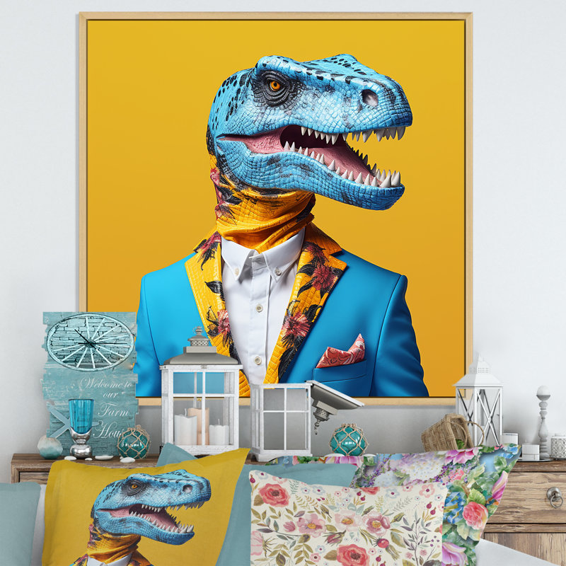 Dinosaure bleu et jaune en costume - art de mur de dinosaure, H 30 po x l 30 po x P 1,5 po, Cadre flottant brun