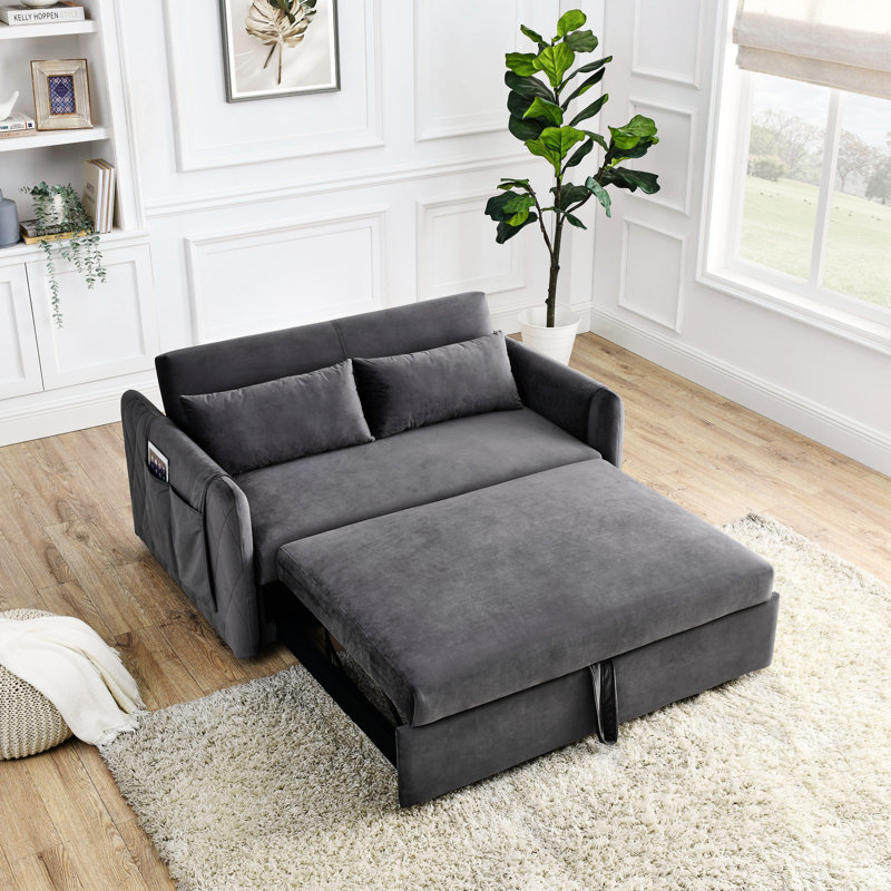 Leiyla Modern 55" Convertible Sofa Bed with Detachable Arm Pockets, Gray Velvet