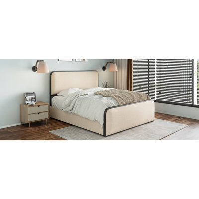 Beige Modern Metal Queen Bed With Curved Upholstery, 4 Storage Drawers, Heavy Duty Support In Upholstered Headboard And , All - Frame