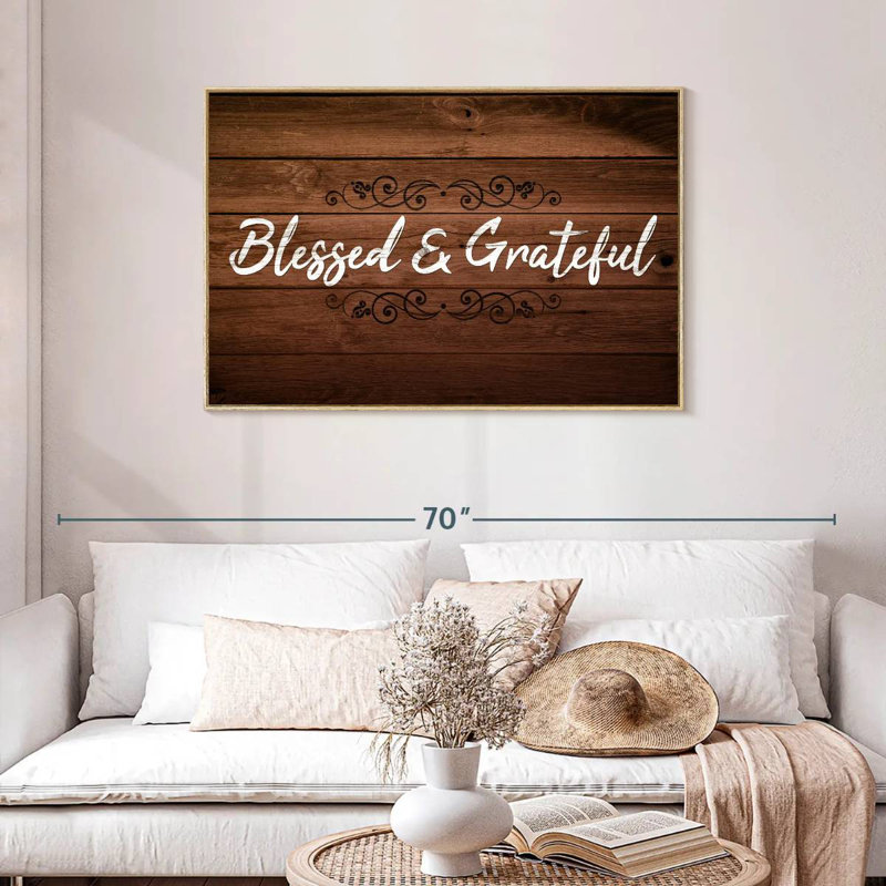 Bienheureux et reconnaissant, typographie I, Cadre flottant en bois naturel, 43 po x 29 po