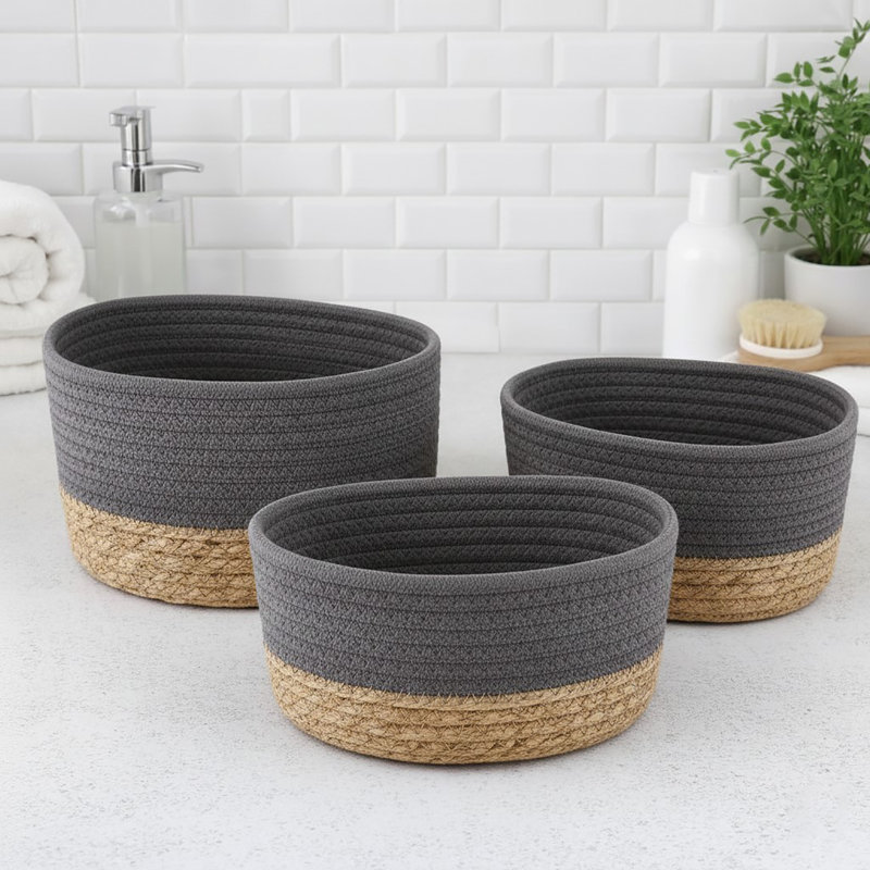 Padang 3-Piece Cotton Basket Bin, Gray/Natural
