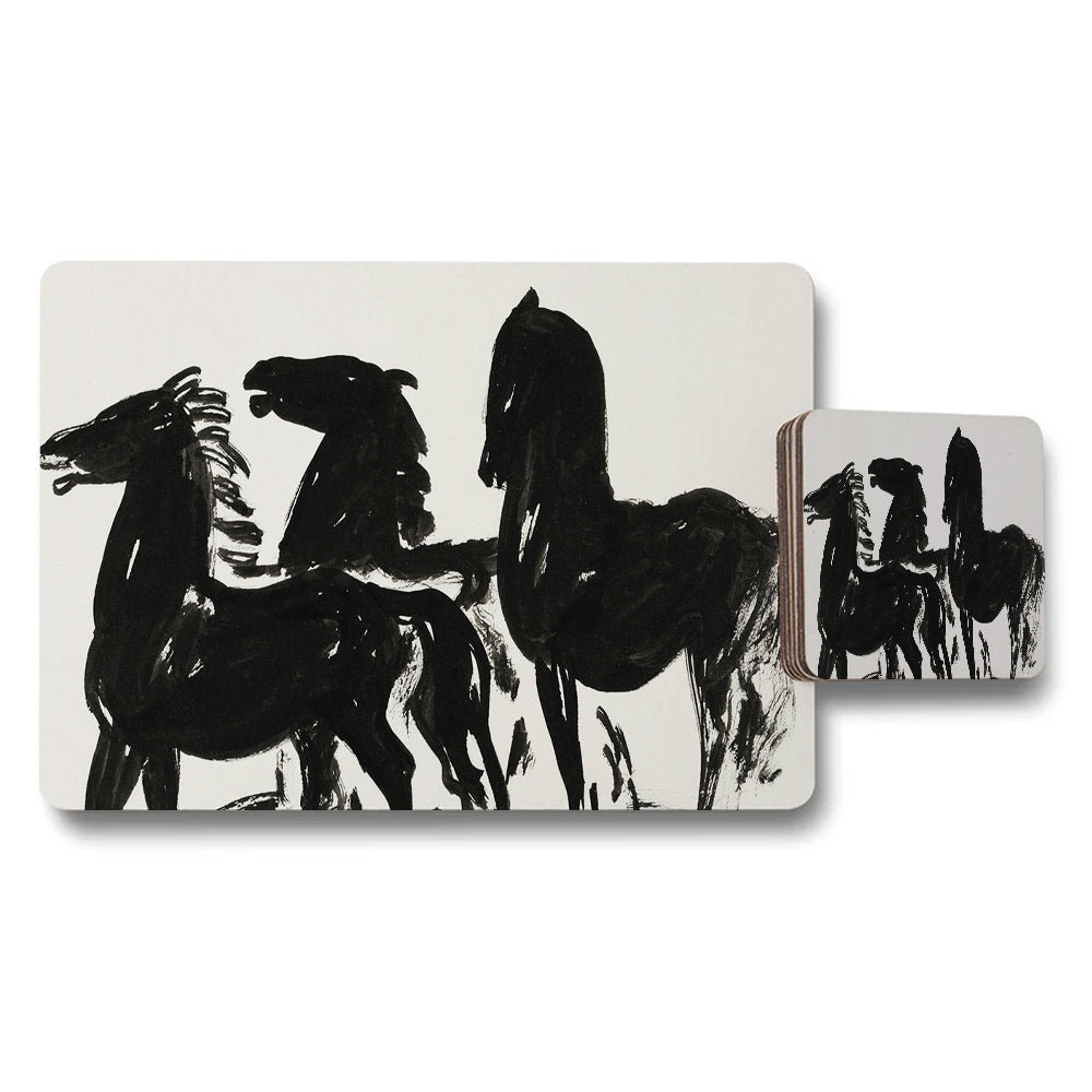 Horse Silhouette Placemat And Coaster Set With Black Abstract Art