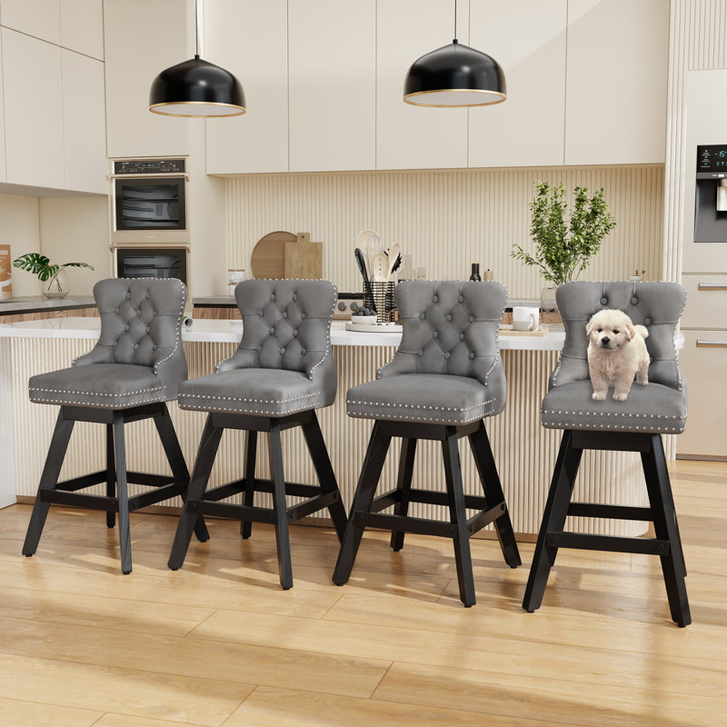 Velvet Swivel Tufted Wooden Barstools Set of 4, Gray
