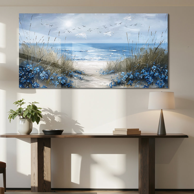 Coastal Beach Wall Art, Wildflowers on Blue Shore Canvas Print, Modern Coastal Landscape for Living Room or Hallway, 29"X57"