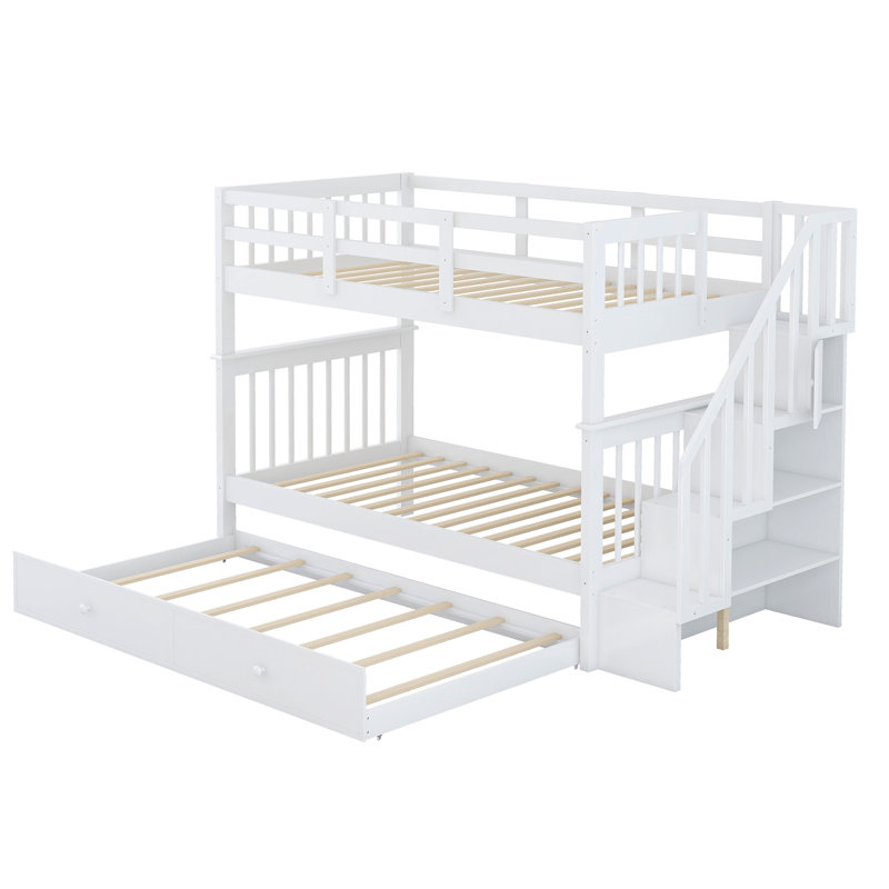 Lit superposé standard en bois avec escalier et lit gigogne, Simple sur simple, Blanc