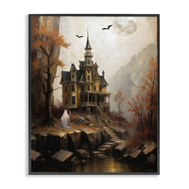 «Haunted Castle with Ghost», estampe numérique de Jo Moulton, Giclée encadrée noir minuit, H 14 po x l 11 po