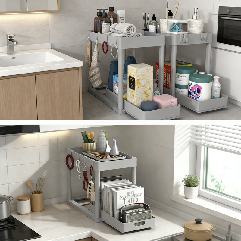 Organisateur sous l'évier avec tiroirs coulissants, support de rangement de salle de bain et de cuisine à 2 niveaux avec crochets amovibles, armoire de rangement peu encombrante pour la maison et le bureau