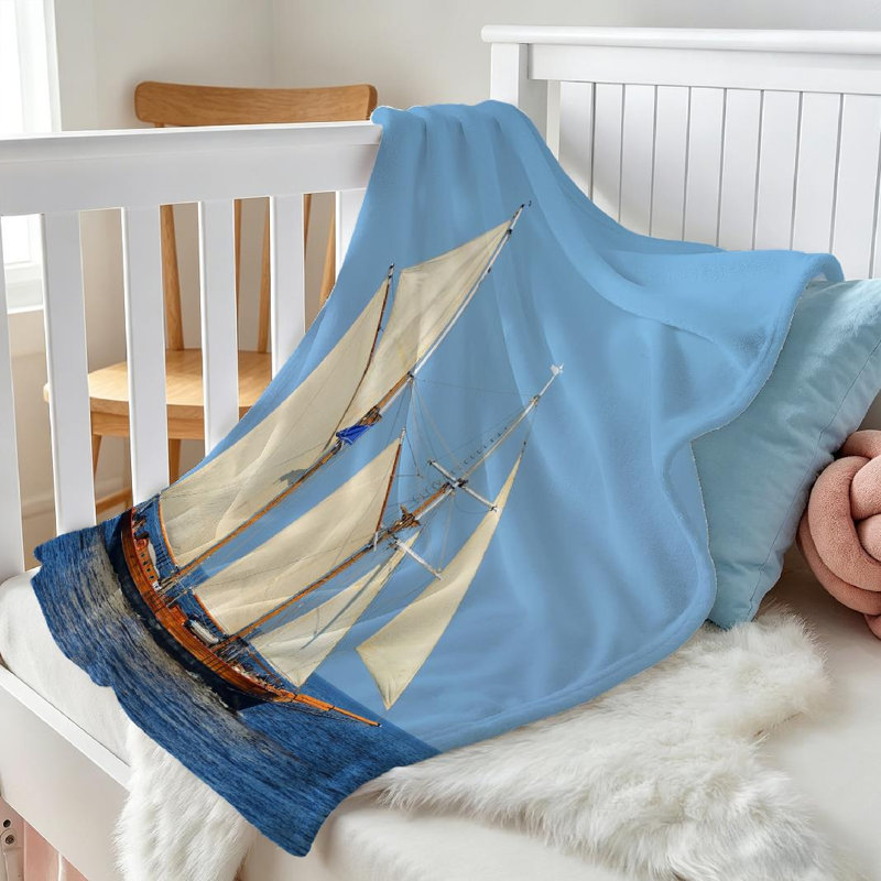 Jeté en flanelle bleue ultra douce, imprimé d'un côté, grand voilier historique, Jeté 30 po x 40 po