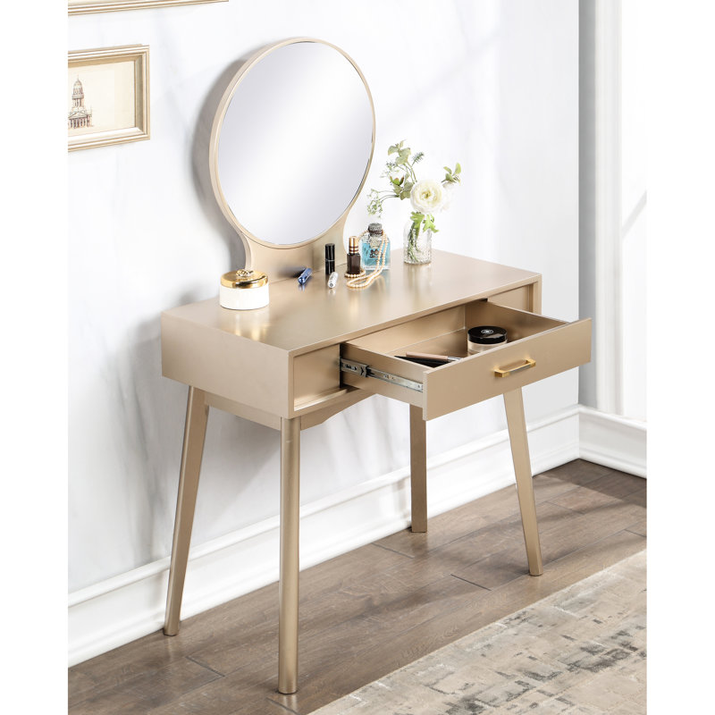Gold Contemporary Wood Vanity - Stylish With Stool, Mirror & Drawer For Home Decor And Stool Package Practical Storage, Gold