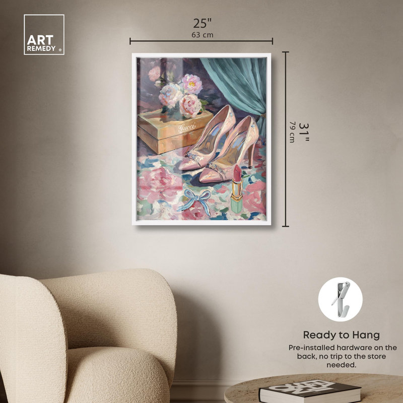 «Pink Heels Shadowbox Print» par Art Remedy, H 31 po x l 25 po, Blanc