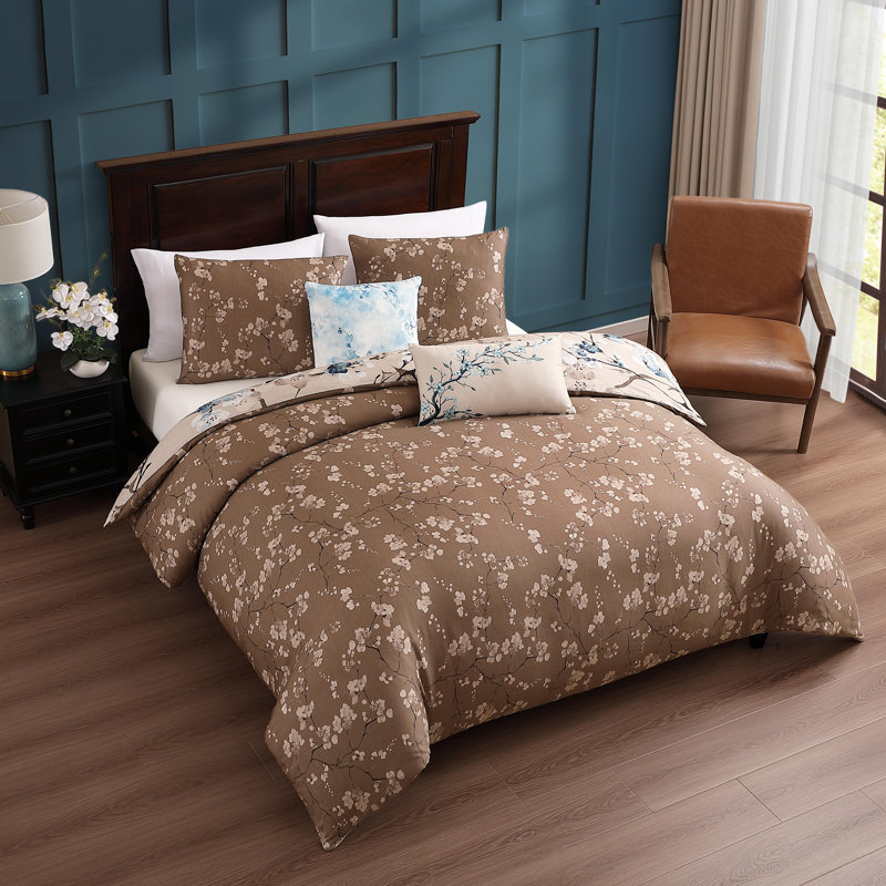 Taupe and Blue Cotton Queen Reversible Comforter Set