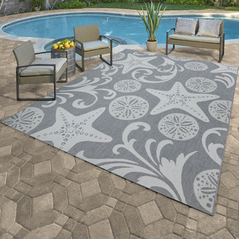 Solterra Marella Gray Cream Ivory Nautical Tropical Flatweave Polypropylene Indoor/ Outdoor Area Rug, Rectangle 6'6" x 9'6"