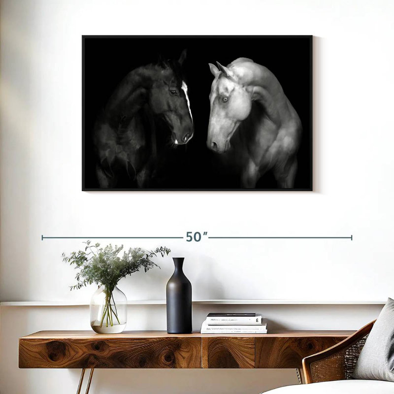 Chevaux monochromes, Cadre flottant noir, 37 po x 25 po