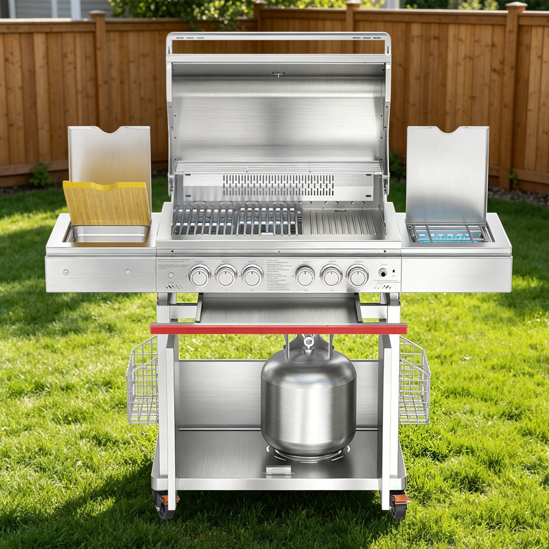 Barbecue au propane à 6 brûleurs avec brûleur infrarouge et brûleur latéral, barbecue en acier inoxydable d'extérieur SUS304 avec lumières DEL