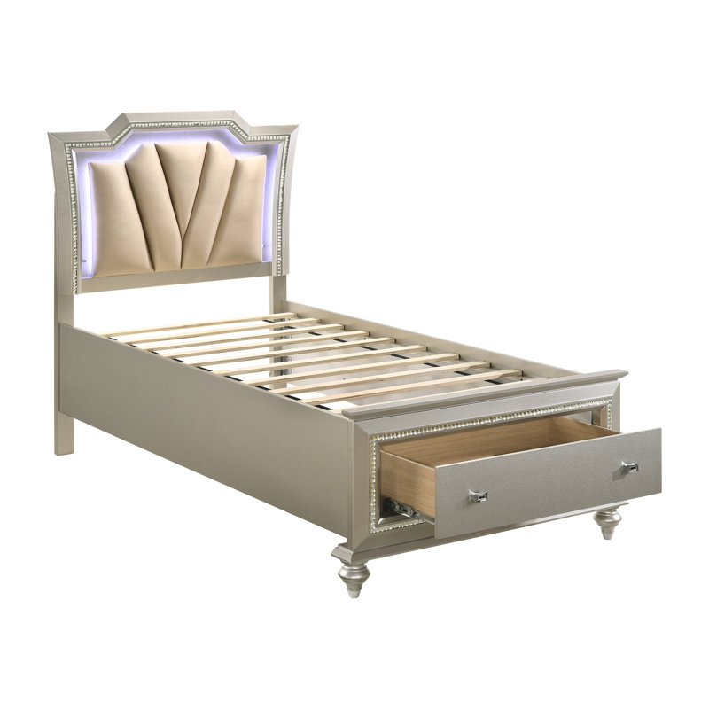 Lit plateforme avec rangement en cuir végétalien beige et champagne Izybella, Double