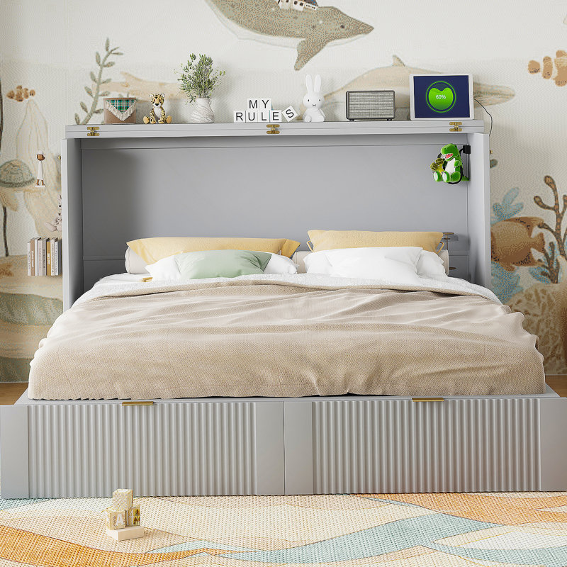 Lit escamotable double avec tiroir et ensemble de prises et ports USB, structure de poulie, Gris, Lit double
