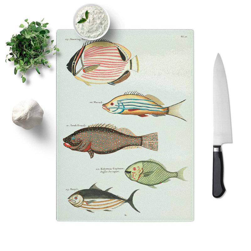 Glass East indies Fish Illustrations Fol. 20 by Louis Renard Chopping Board, 39 cm W x 28.5 cm L