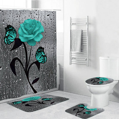 Ensemble de salle de bain 4 pièces, ensembles de rideau de douche Green Rose, ensembles de rideau de douche romantique avec tapis (tapis de bain, tapis en U et couvercle de couvercle de toilette) et 12 crochets