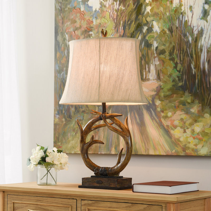 Dalton Antler Table Lamp - Dark Brown Finish - Beige Hardback Fabric Shade, Brown/Gray