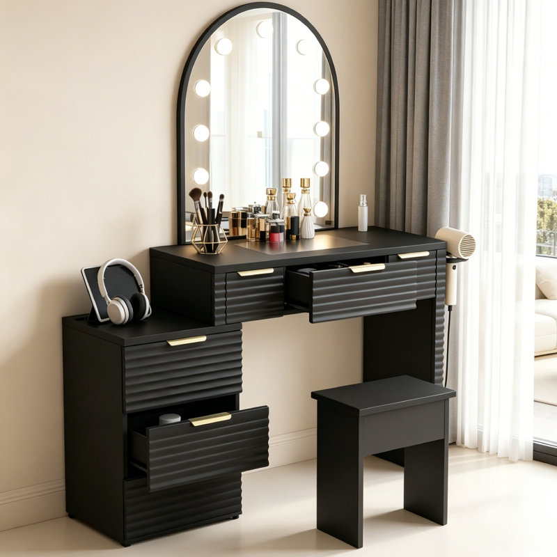 Ensemble de coiffeuse, table de coiffeuse avec miroir éclairé et 6 tiroirs, ensemble de coiffeuse avec miroir, ensemble de coiffeuse, tabouret inclus, pour la chambre à coucher