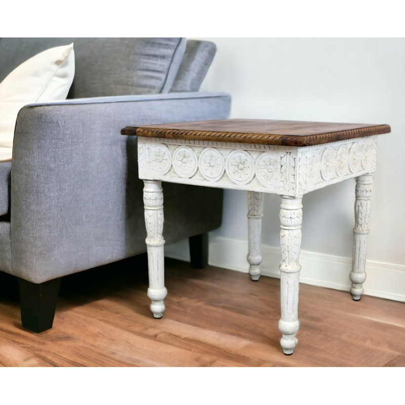 24" Ivory And Brown Distressed Solid Wood Square End Table