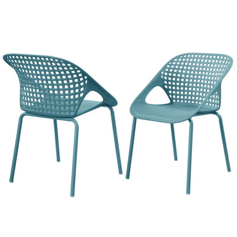 Modern Minimalist Plastic & Metal Outdoor Dining Chair with Lattice Back, Sky Blue