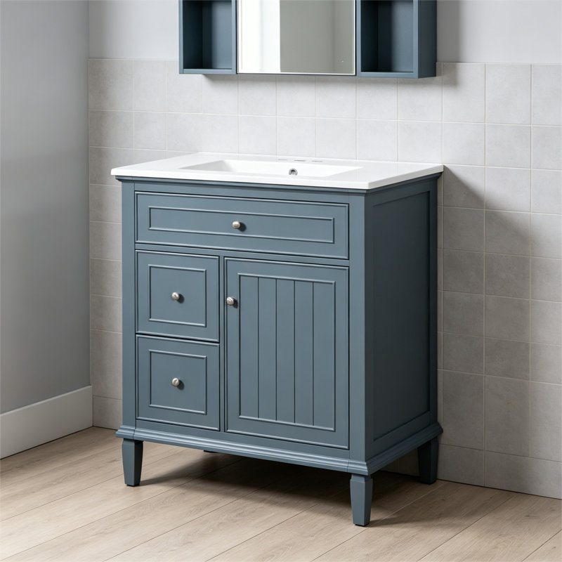 Meuble-lavabo de 30 po avec lavabo, meuble-lavabo avec un tiroir rabattable et deux tiroirs, tablette réglable, bois massif et panneau de fibres à densité moyenne