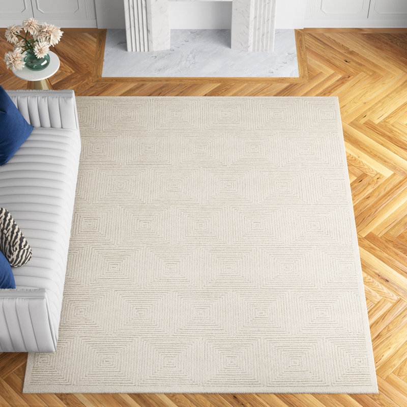 Tapis ivoire en laine et coton touffeté à la main à motif géométrique Hattie, Rectangle 10 pi x 14 pi