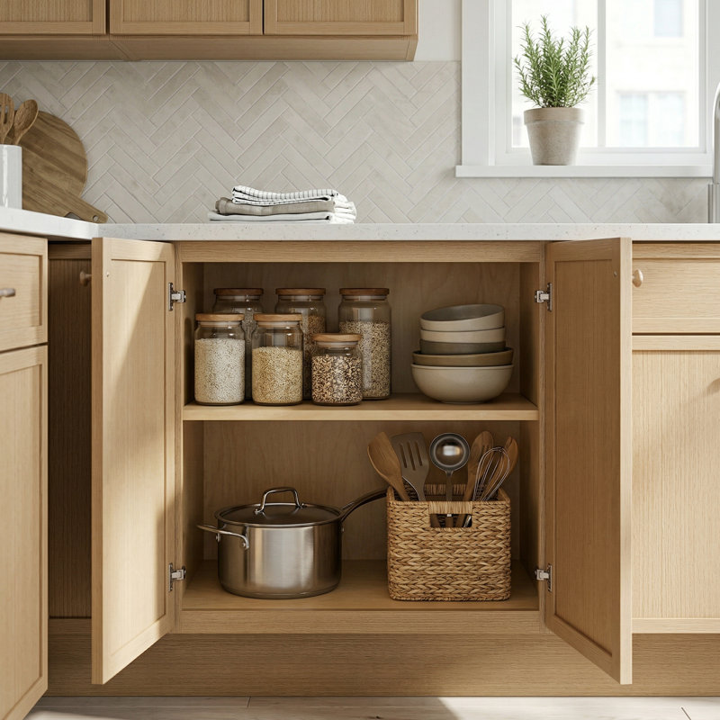 Armoire de cuisine moderne en chêne blanc avec boîte en contreplaqué, charnières et agencements personnalisés, 30", Non