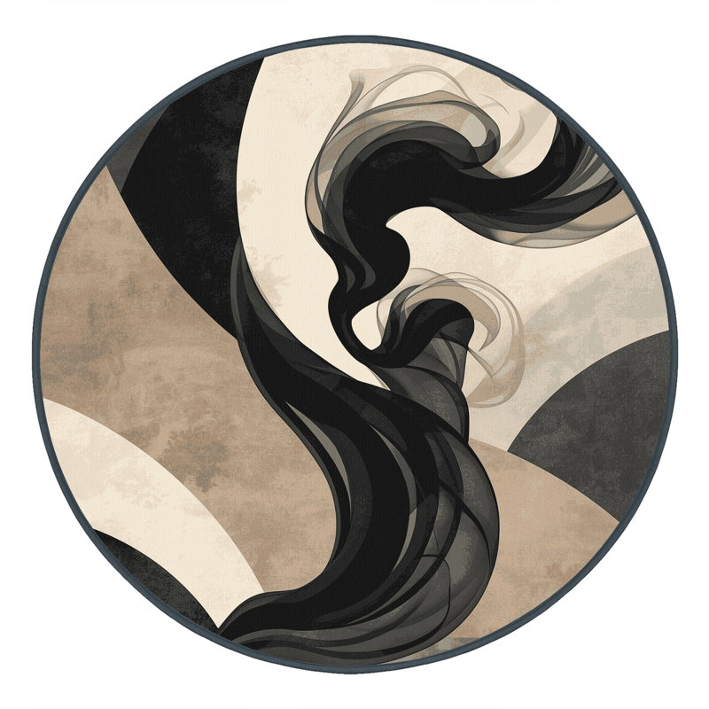 Machine Washable Wynsum Sleek & Chic Modern Arc Rug in Gray – Black Binding, 5' Round