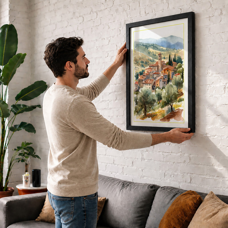 Tuscan Hillside Village Rustic - Framed Print, A3 - 42.0 x 29.7 cm, White