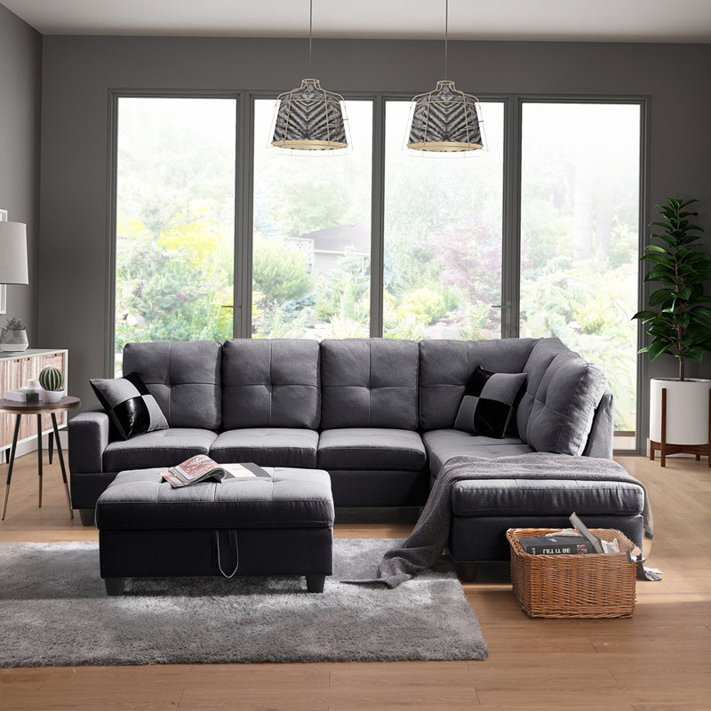 Canapé avec repose-pieds pour le salon, Tissu en polyester gris