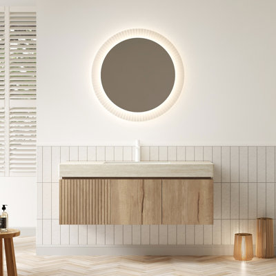 Meuble-lavabo de salle de bain 48 po avec évier, comptoir en pierre frittée à motif, 2 portes et tiroir, pré-assemblé, chêne blanc, clapet à fermeture en douceur, surface portante solide, eau, beaucoup de rangement