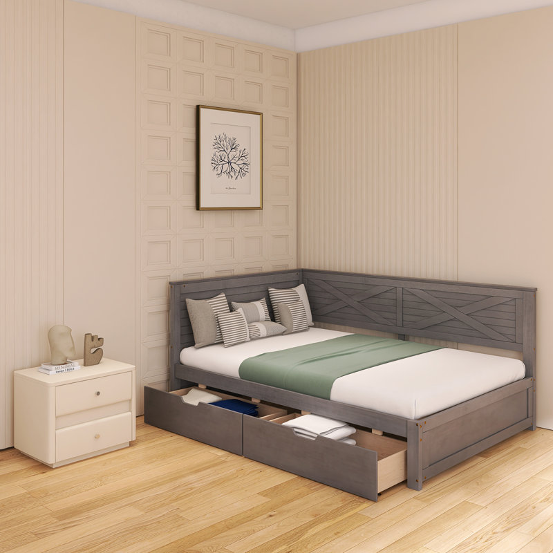 Lit de jour simple en bois avec 2 tiroirs et garde-corps rustique, Gris